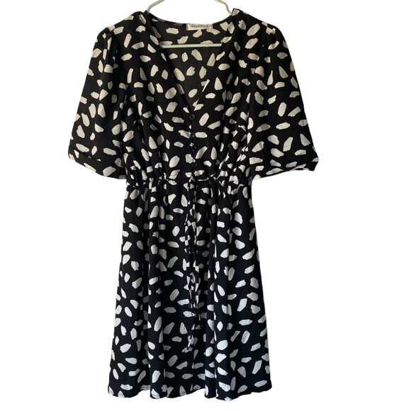 Black White Travel Dress V-Neck Button Front Drawstring Waist Short Sleeve M - Picture 1 of 8